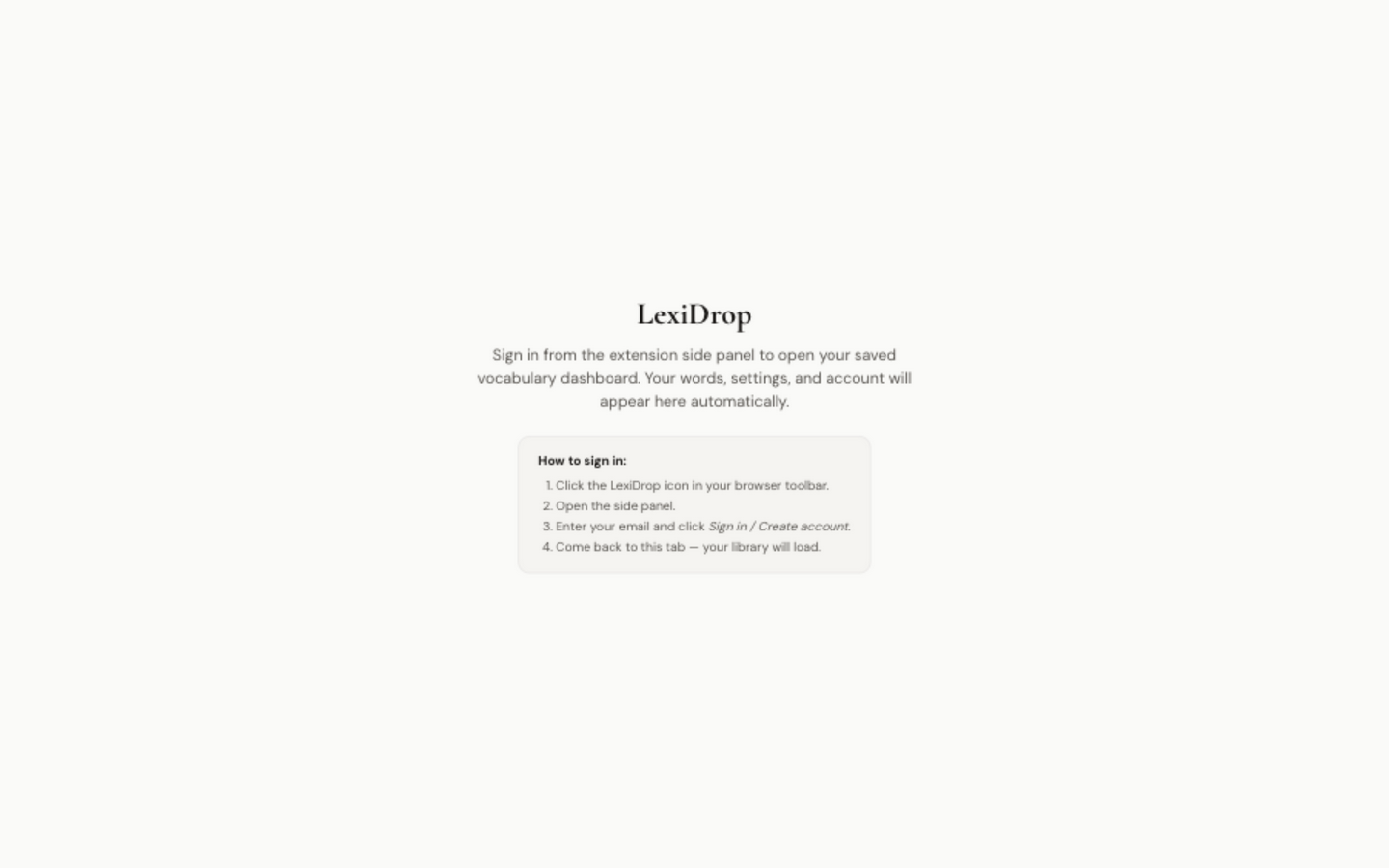 The LexiDrop web dashboard sign-in view, explaining how to sign in from the extension side panel
