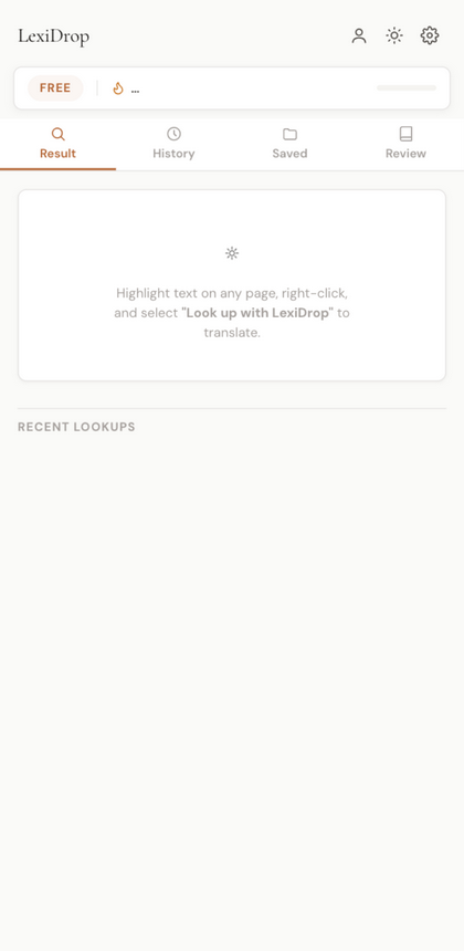 The LexiDrop side panel: brand row with account, theme and settings icons, a status bar with tier, streak and lookup quota, and tabs for Result, History, Saved and Review